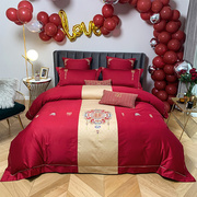古典中式大红结婚庆喜字，床品被套贡缎长绒棉，刺绣纯棉1.8m四