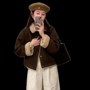 leadinglady韩系棕色羊羔毛外套(毛，外套)女短款宽松加厚保暖夹克机车服