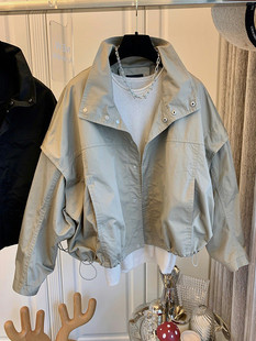 日本设计师小众韩版宽松蝙蝠廓形大翻领假两件风衣外套女短款夹克