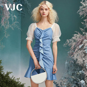 vjc威杰思女装春夏连衣裙，修身灯笼袖蓝色减龄甜美短袖