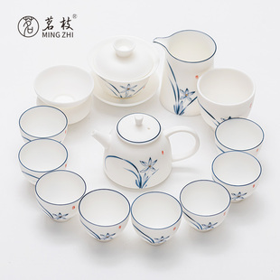 茗枝羊脂玉白瓷功夫茶具，套装轻奢家用青花瓷，茶壶盖碗茶杯中式
