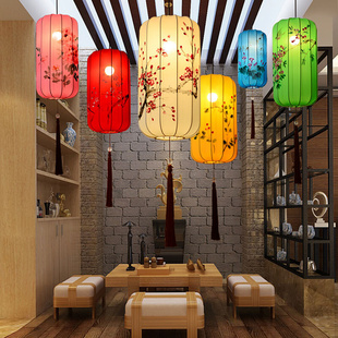 中式布艺手绘灯笼仿古典宫灯，餐厅茶楼过道创意冬瓜长形布艺吊灯具