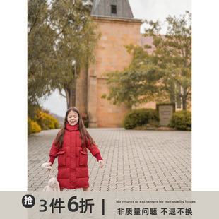 史豌豆(史豌豆)童装，女童红色中长款棉服2023冬季儿童保暖棉衣宝宝外套