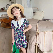 女童韩版裙子燕尾领抽象花朵连衣裙儿童公主，裙夏装外贸童装女