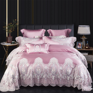 欧式高端奢华四件套样板间床上用品，贡缎纯棉粉色，蕾丝边结婚八件套