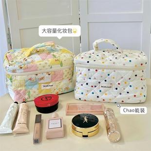 韩风chic小清新波点彩色拼接棉布衍缝大容量手提化妆包收纳洗漱包