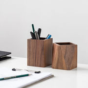 办公室木质笔筒书桌，文具收纳盒桌面简约胡桃木笔桶北美