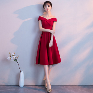 孕妇大合唱新娘秋冬高腰，大码遮肚一字肩短款结婚礼服裙女