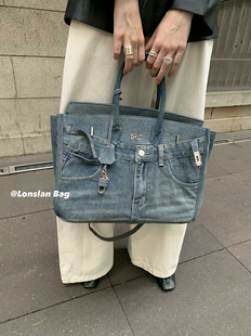 Lonslan BAG 2023秋季小众设计做旧牛仔单肩斜跨手提包包女