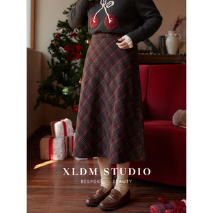 小俪大码圣诞酒红格纹毛呢，半身裙胖mm冬季加厚中长款宽松伞裙
