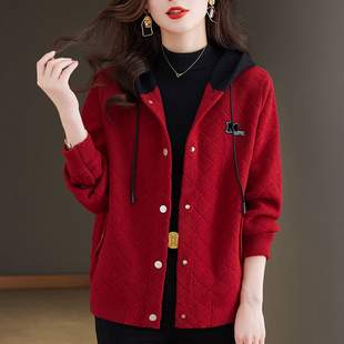 秋冬季女士连帽毛呢，短外套2023红色，洋气宽松休闲夹克开衫上衣