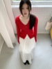 yohaaa自制早春韩系v领显瘦修身红色显白开衫，女百搭长袖上衣