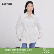 LANDI白色设计感中长款系带收腰风衣外套女秋季