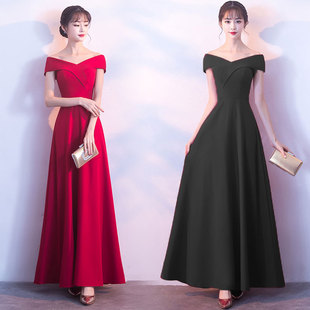 一字肩礼服裙女宴会气质敬酒服酒红色平时可穿订婚连衣裙新娘礼服