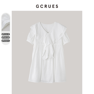 gcrues荷叶边V领连衣裙女装2024年夏季小个子裙子白色娃娃裙