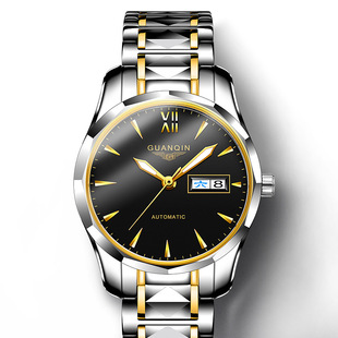 品牌女士手表钨钢男表夜光，机械手瑞士日历商务，真皮精钢国产腕表