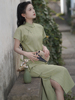 古法全开襟绿色棉麻旗袍，2024春夏新中式，年轻款少女长款文艺