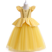 迪士尼女童贝尔礼服裙，cos六一贝儿公主，裙网纱拼接飞袖儿童连衣裙