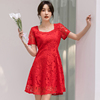 2022夏季方领蕾丝连衣裙小个子红色伴娘礼服裙收腰显瘦A字裙