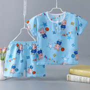 夏季宝宝衣服儿童棉绸睡衣套装2薄款3短袖4男童绵绸人造棉家居服