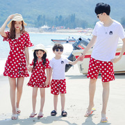 夏季亲子装三口海边度假沙滩服套装网红姐妹装显瘦V领波点连衣裙