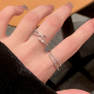 银町冷淡风双层钻戒指，女小众设计锆石，开口素圈对戒食尾戒女小指环