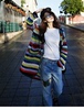 春季女装明星刘亦菲街拍同款彩虹条纹针织开衫中长款毛衣外套