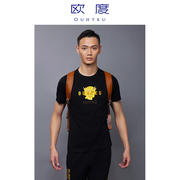 OUHTEU/欧度男士短袖T恤黑色圆领棉面料潮流修身版夏季