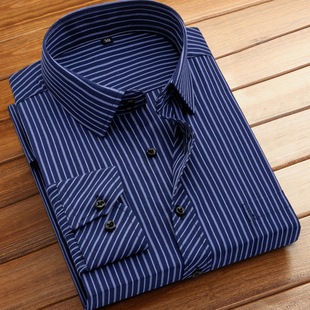 秋季男士深蓝色条纹，薄款长袖商务休闲衬衫中老年爸爸，装加肥加大码