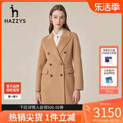 哈吉斯(哈吉斯)hazzys女士修身长款羊毛大衣，韩版女装双排扣毛呢外套女
