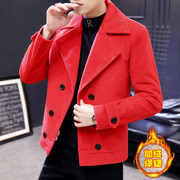短款个性翻领风衣男士帅气潮流，红色呢子外套，冬季加绒加厚毛呢夹克