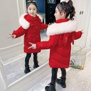 2023女童冬装棉衣中大童女孩新年装大红色棉服中长款棉袄加厚保暖