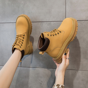 欧货厚底马丁靴女单靴中跟短靴女粗跟2023秋冬女靴子薄款黄色