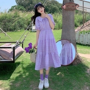 连衣裙少女生夏装2024初中高中学生甜美初恋紫色娃娃领长裙子