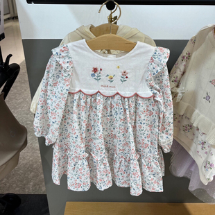 出口韩国童装 24夏女童宝重工刺绣假两件碎花长袖复古连衣裙