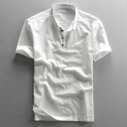 夏季亚麻短袖衬衫男士棉麻，衬衣复古透气套头麻布，t恤男短上衣