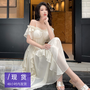 yesjing原创设计吊带连衣裙质感高级收腰长裙女神范白色(范，白色)裙子女夏