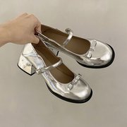 银色玛丽珍鞋女2023夏法式(夏法式)粗跟高跟鞋子圆头小皮鞋配裙子女鞋