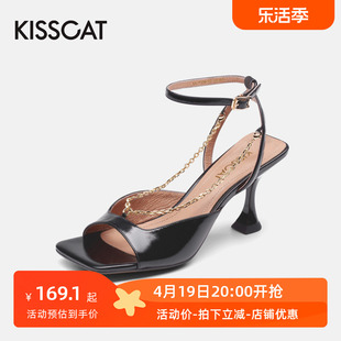 kisscat接吻猫夏季大方头，露趾牛皮一字，扣带时装凉鞋女ka21320-82