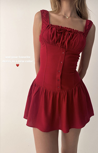 美国红色吊带连衣裙女夏季前排扣收腰显瘦a字蓬蓬短裙