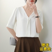 夏季法式白色雪纺衬衫设计感小众职业装衬衣，韩版中袖v领上衣