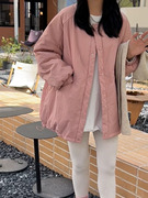 糖果色韩版棉衣棉服圆领，设计感2023中长款夹棉宽松高中学生外套女