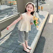 女小童夏季无袖背心七分格子裤套装2024女宝宝儿童时髦两件套