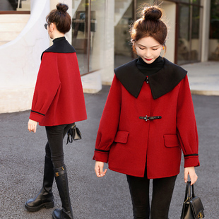 韩版冬装法式设计感拼色荷叶大翻领皮扣门襟双面，羊毛呢短外套
