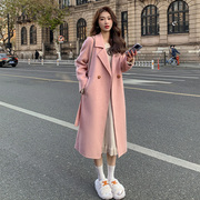 粉色双面羊绒呢大衣女，2023年春秋韩版宽松中长款系带毛呢外套