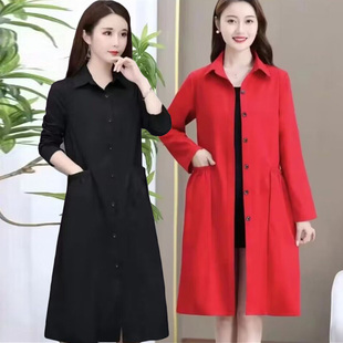 红色风衣外套女2023韩版中长款宽松小个子大衣妈妈装薄款女士