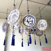 幼儿园教室走廊青花瓷纸盘竹编吊饰，环创装饰材料中国风创意挂饰