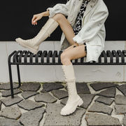 马丁靴女机车风皮带，搭扣骑士靴女侧拉链，内增高不过膝冬季长筒靴