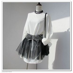 23原创设计黑白条纹网纱拼接蓬蓬裙腰封裙围裙罩裙叠穿女一片式