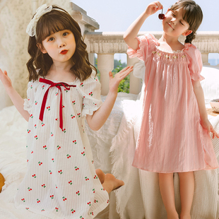 女童睡裙夏款儿童短袖薄款纯棉樱桃睡衣女孩子漂亮可爱蕾丝连衣裙